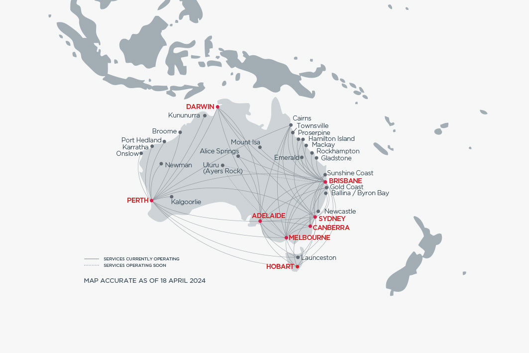 Karte die Destinationen von VA in Australien zeigt